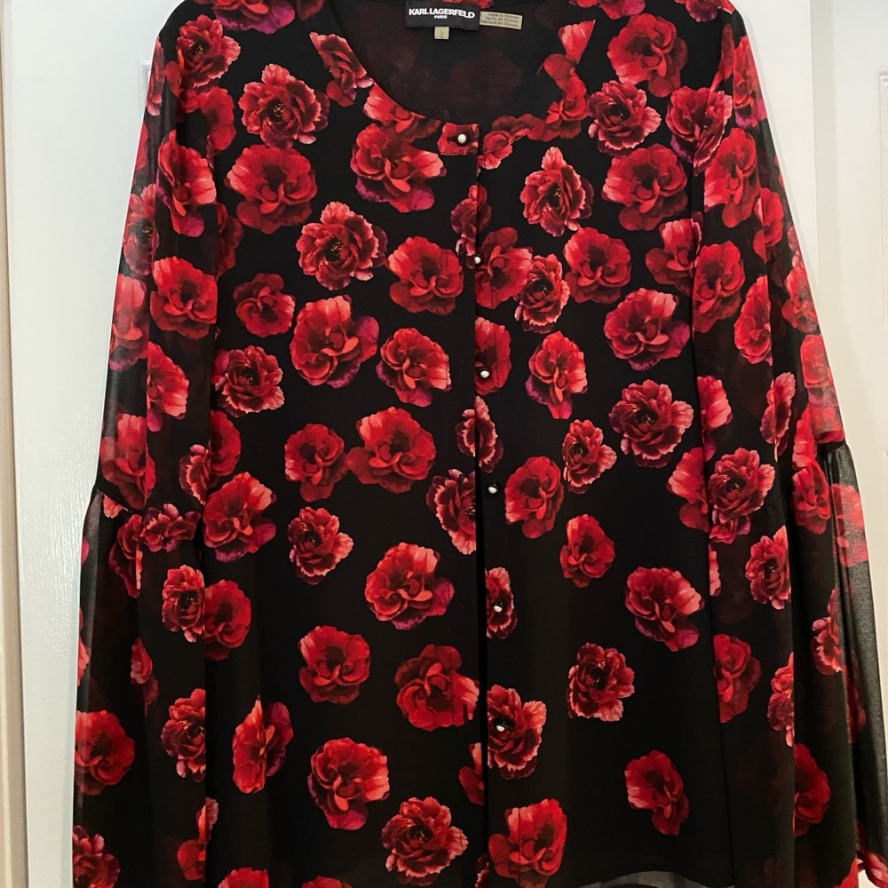 Pretty Karl Lagerfeld red floral blouse, never worn, NWOT.